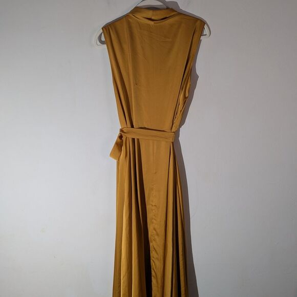 Tavrovska Mustard Yellow Gold Satin Genuine Wrap Maxi Dress Gown NWT - Picture 3 of 8
